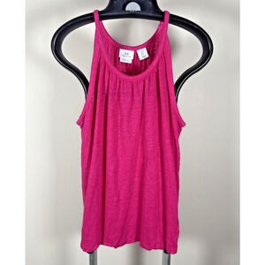 H Halston Barbie Pink 100% Linen Tank Top Sleeveless Scoop Neck Women's Large